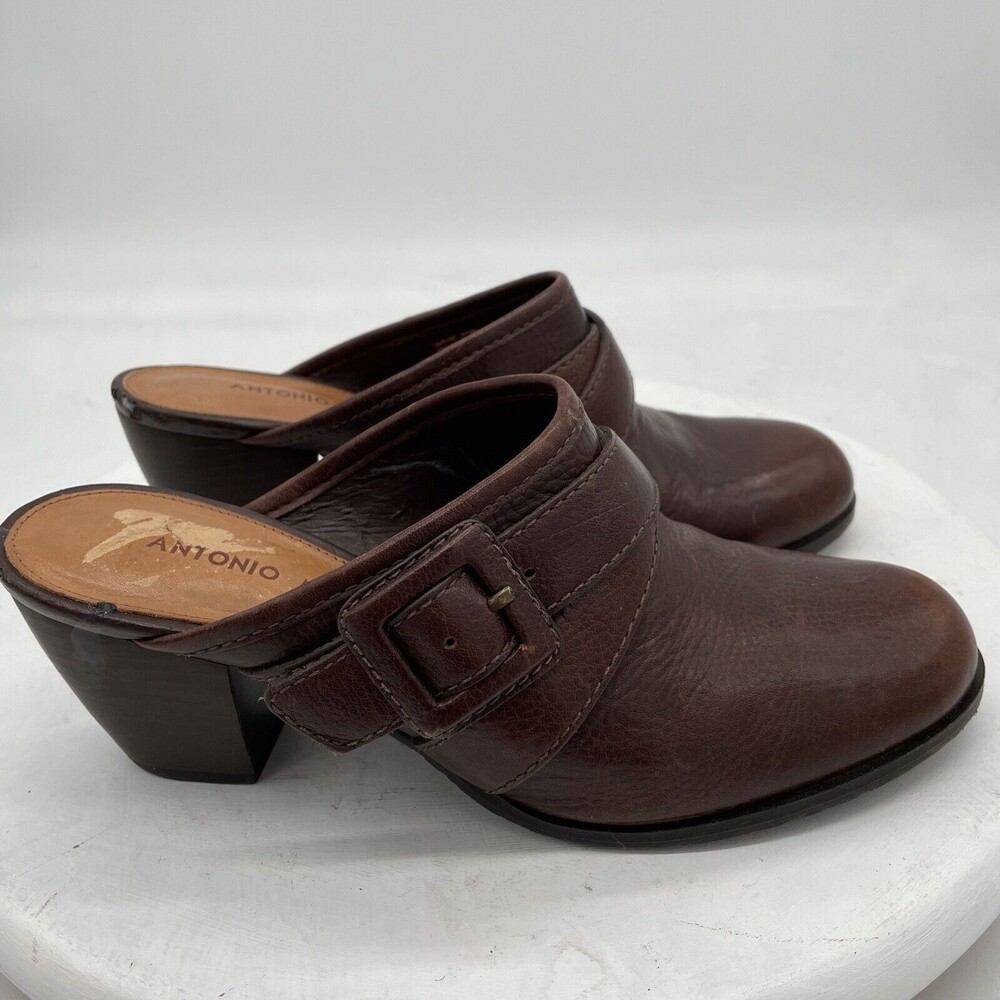 ANTONIO MELANI Brown Leather Mule Clogs with Buckle